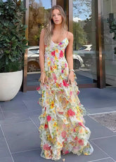 Lilian | Gorgeous Floral Ruffle Backless White Prom Dress - Yellow Floral - PromDressClub